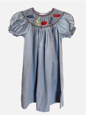 Rosalina Smocked Bishop Dress Girls Size 5 Blue Gingham School Apple Crayon
